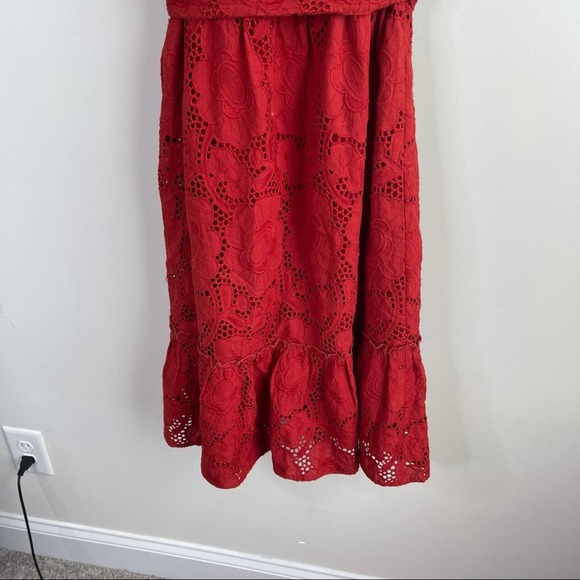 Shoshanna anthropologie eyelet red belted ruffle midi dress size 2 wedding guest - Picture 12 of 14